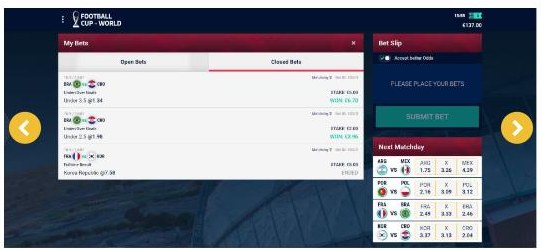 Virtual football tournament: Open/Closed bets and Next Matchup grid