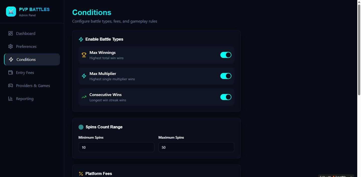PVP Slot Arena admin conditions with battle-type toggles and spin range